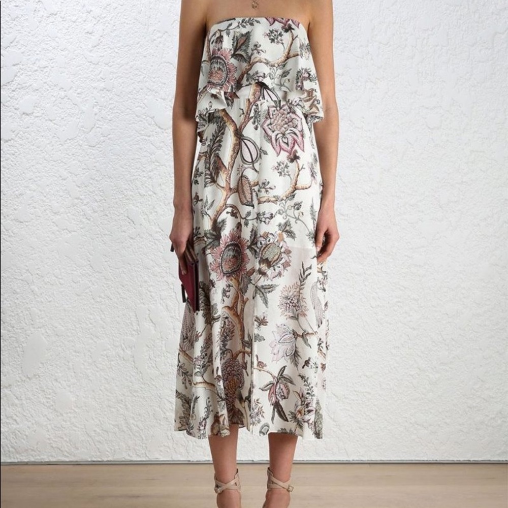 Zimmermann Floral Strapless Midi Dress - Cream and Pink